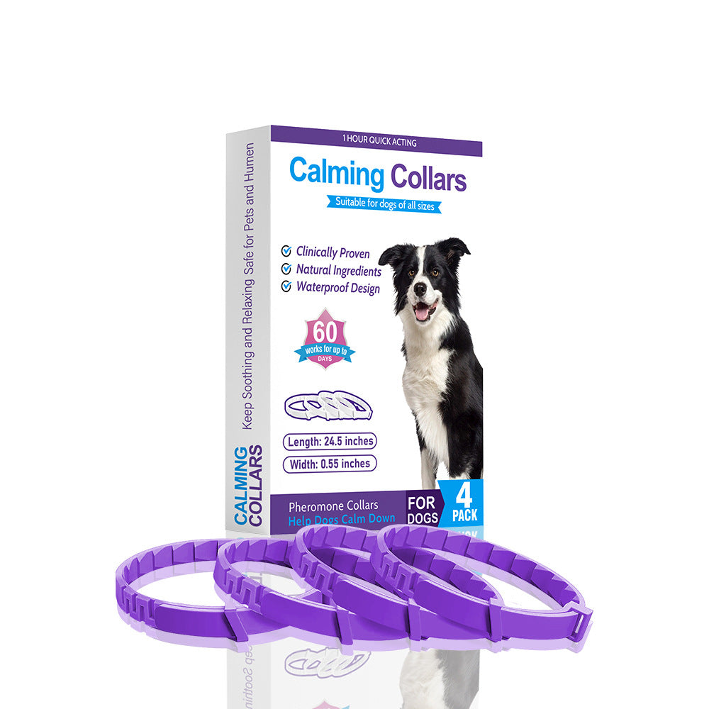 dog anxiety relief collars in a 4 color box package designed to calm anxious dogs, featuring a waterproof design.