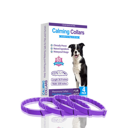 dog anxiety relief collars in a 4 color box package designed to calm anxious dogs, featuring a waterproof design.