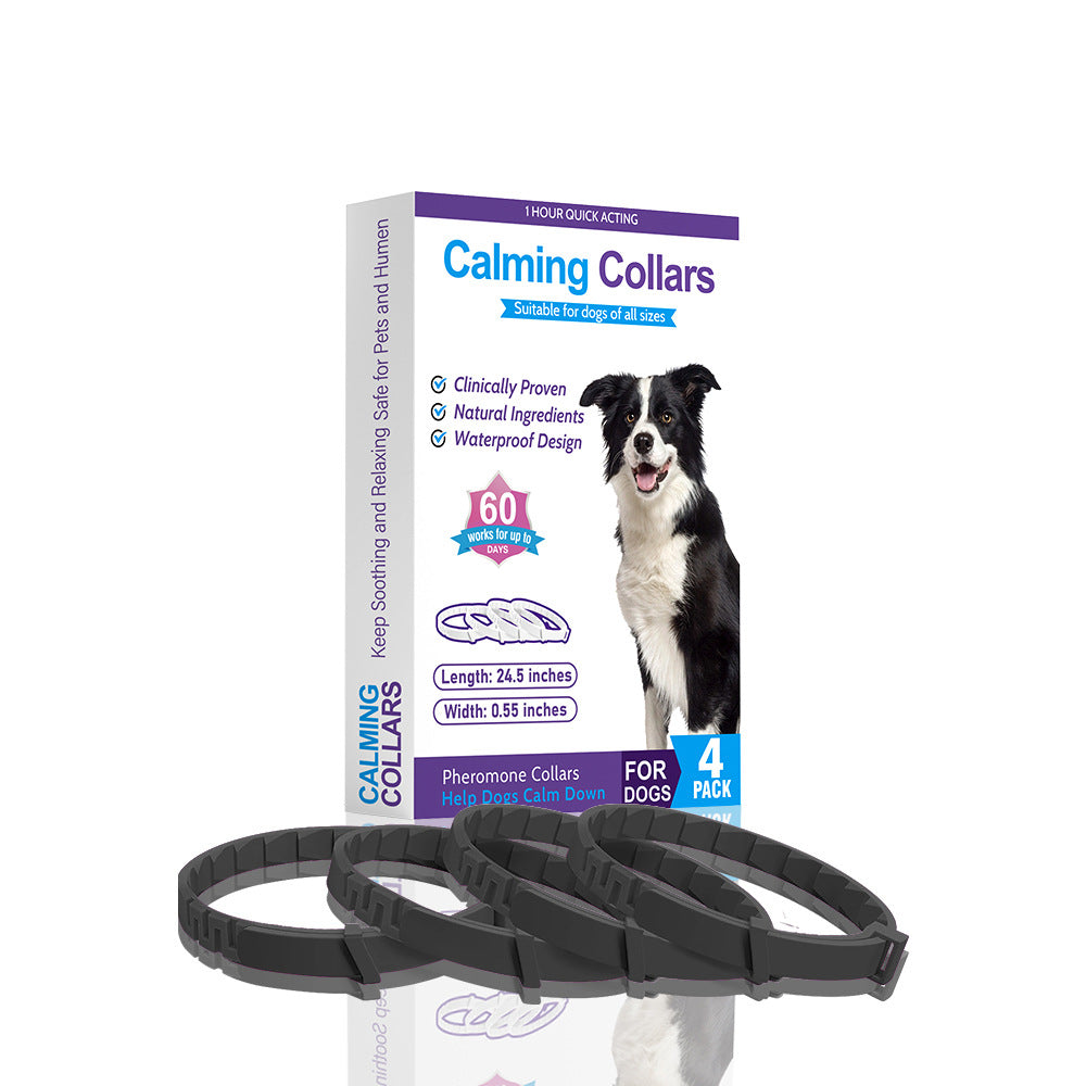 dog anxiety relief collars in a 4 color box package with calming collars for stress relief in dogs.