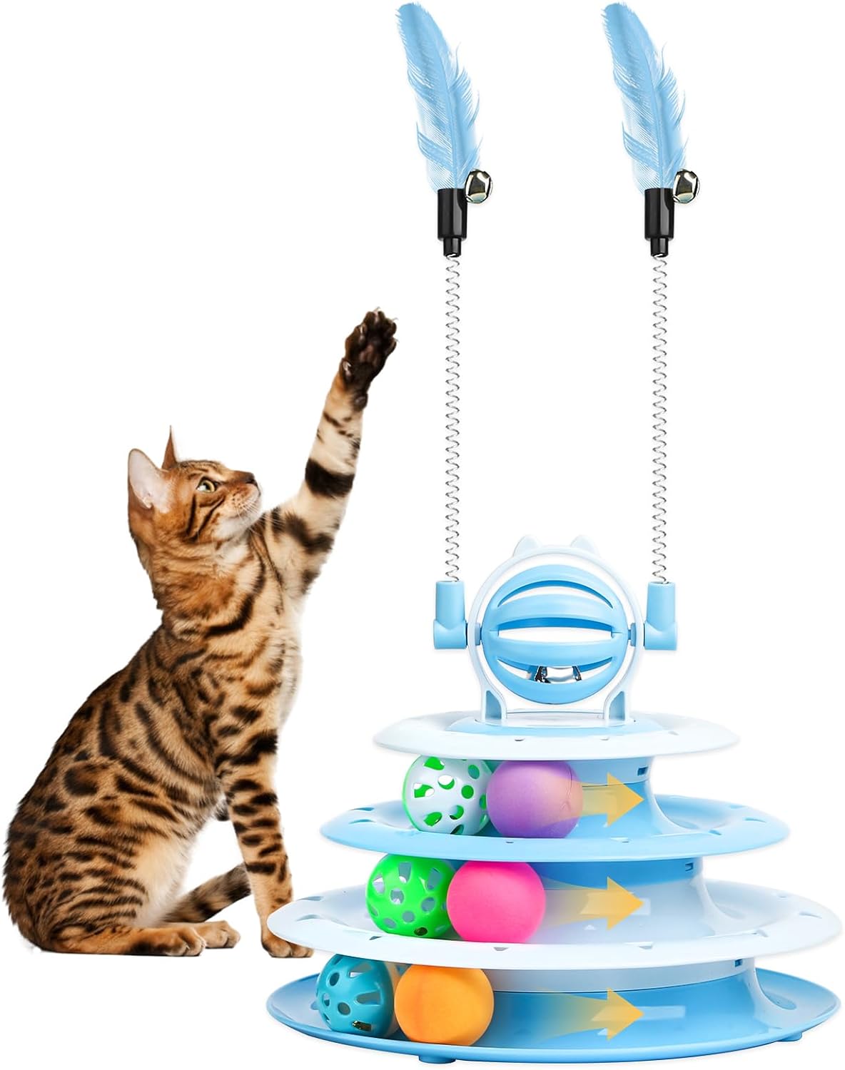 interactive cat toys for indoor cats featuring a multi-tier carousel with colorful balls and feather teasers for playful fun.