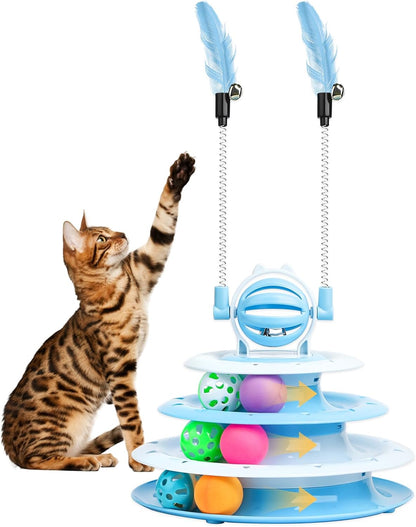 interactive cat toys for indoor cats featuring a multi-tier carousel with colorful balls and feather teasers for playful fun.