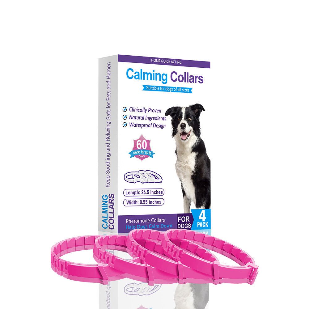 dog anxiety relief collars 4 color box package with calming collars for dogs in a pack.