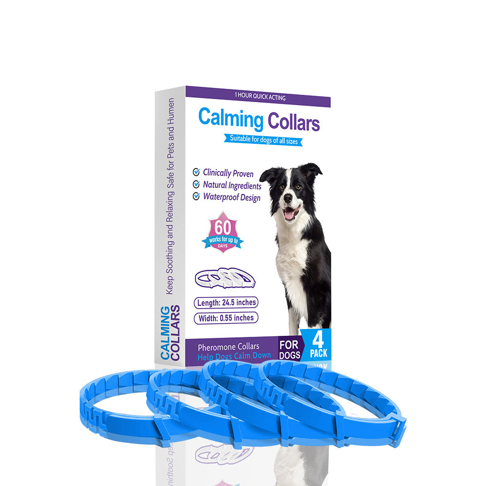 dog anxiety relief collars in a 4 color box package designed for calming stressed dogs
