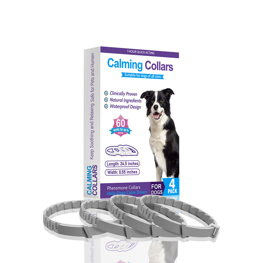 dog anxiety relief collars in a 4 pack box, designed to calm nervous dogs effectively.