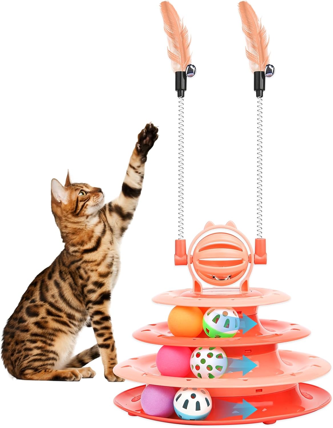 interactive cat toys for indoor cats - multi-tier carousel with busy balls and teasing feathers for playtime.