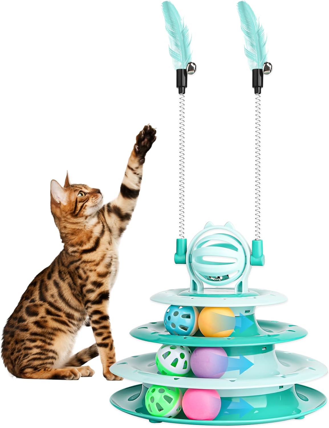 interactive cat toys for indoor cats featuring a multi-tier carousel and playful feather rods.